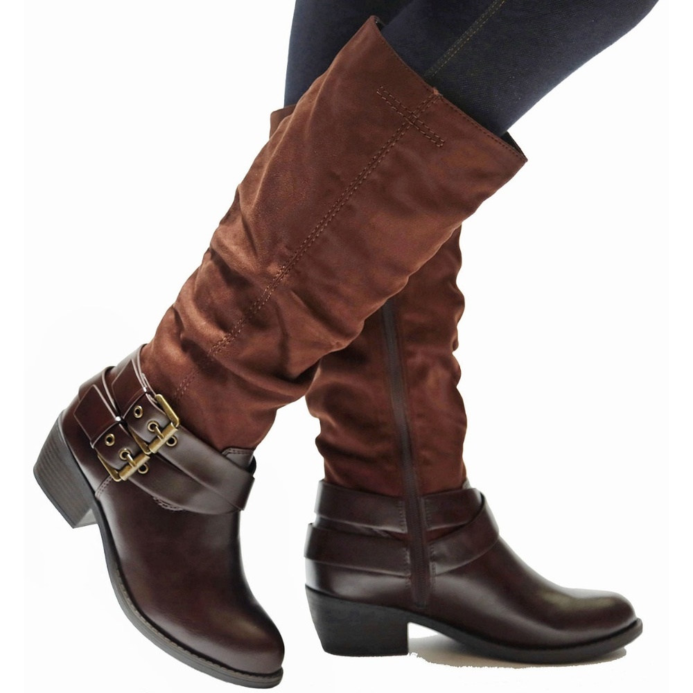 Brown Slouch Western Buckle Knee High Riding Boots
